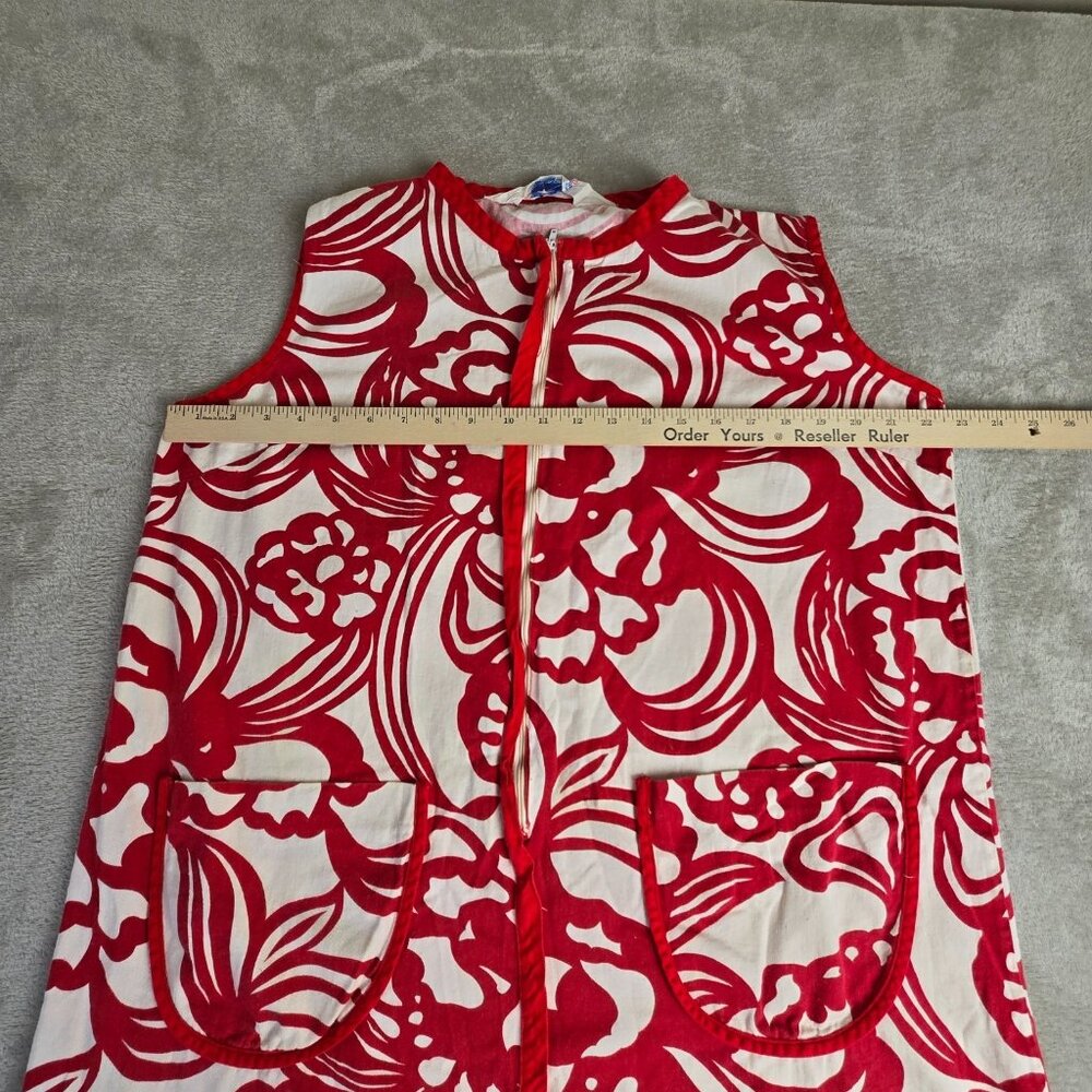 Vintage Zip Front House Dress Size 42 Red White Floral Time Off Loungewear 70s - Picture 11 of 16